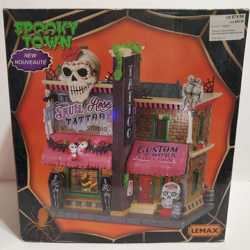 New Lemax Spooky Town Skull and Rose Tattoo Studio Halloween Village Building